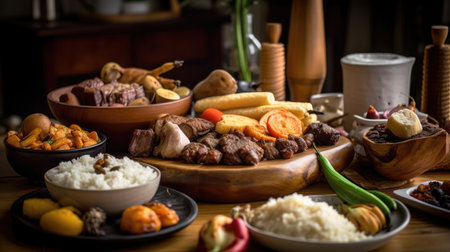 Traditional moroccan cuisine, assorted meat dishes on wooden table.の素材