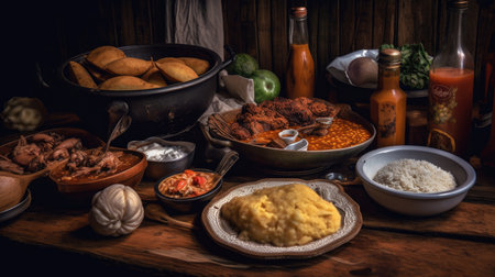 Traditional mexican food on wooden table. Toned image.の素材