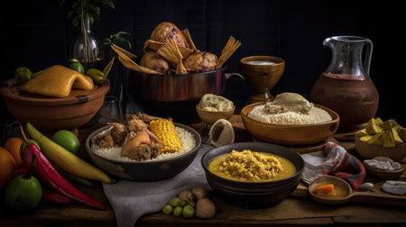 indonesian food on the wooden table in the dark room backgroundの素材
