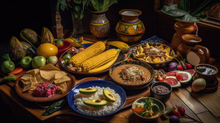 Mexican food on a wooden table. Mexico traditional food concept.の素材