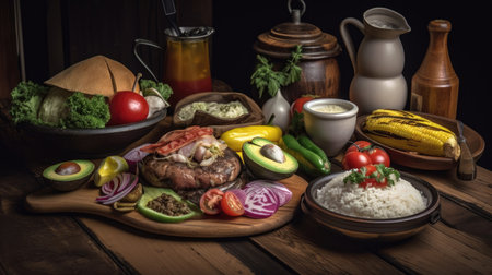 Traditional mexican food on a wooden table. Toned.の素材