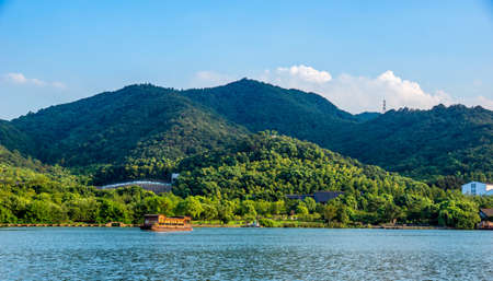 a landscape of lakes and mountainsの写真素材