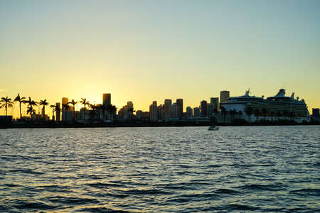 Miami beach and downtown at sun setの写真素材