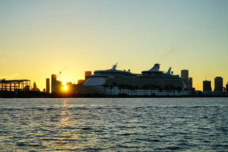 Miami beach and downtown at sun setの写真素材