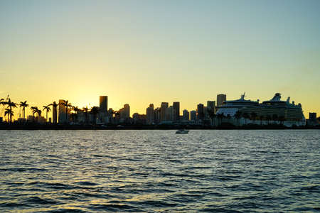 Miami beach and downtown at sun setの写真素材