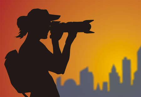 photographer with a camera filming the beautiful scenery, blue-purple city skyline,のイラスト素材