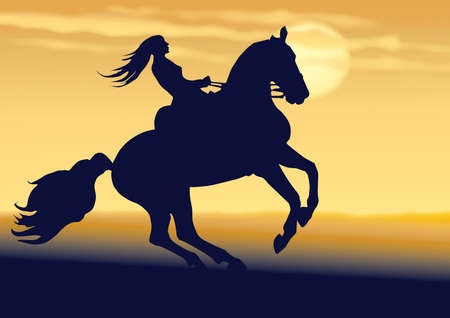 ride the young girl of horse, at the evening, the scenery of beauty.のイラスト素材