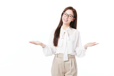 Beautiful teacher with hands open actionの写真素材