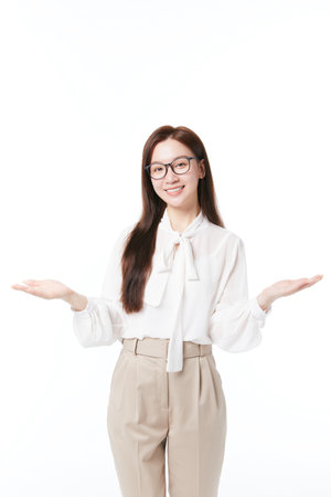 Beautiful teacher with hands open actionの写真素材