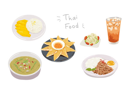 Thai food vector set. Asian Food, traditional cuisine collection, vector illustrationのイラスト素材