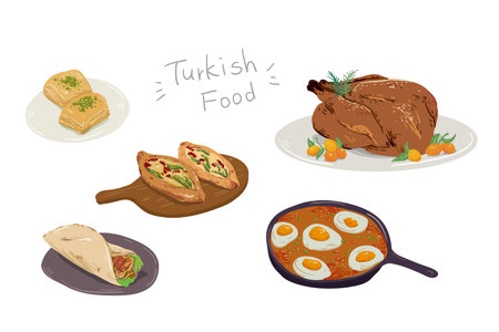 Set of Turkish Food. Vector illustration in hand drawn style.のイラスト素材