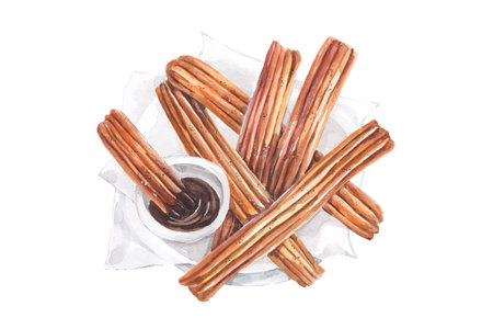 cinnamon sticks with chocolate sauce, top view. Churro sticks with chocolate, watercolor food illustration, on white background.の写真素材