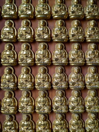 A thousand of small golden Buddha statue on the wall is express of high faith to the Buddhism at Lengnoeiyi templeの写真素材