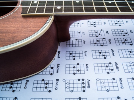 Brown color Ukulele and Paper Chordsの写真素材