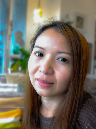 beauty asian woman at vintage design restaurantの写真素材