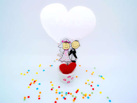 wedding decoration wood model bride and groom on heart soft light and soft effectの写真素材