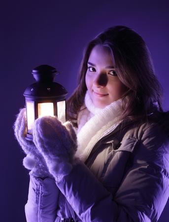 beautiful girl with lanternの写真素材