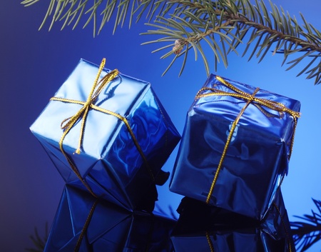 blue gift box and firの写真素材