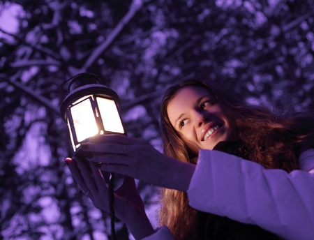 beautiful girl on winter forest with lanternの写真素材