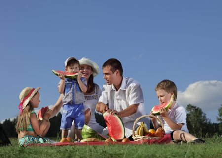 families picnic outdoors with foodの写真素材