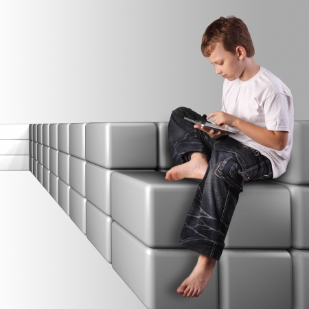 teenager with tablet pc sit on virtual waveの写真素材