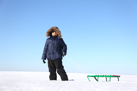  happy boy with sledの写真素材