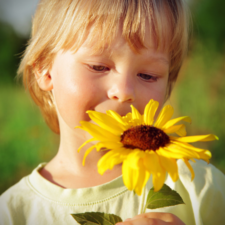 Happy boy with sunflower outdoorsの写真素材