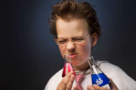 Funny emotional chemist with two flasks