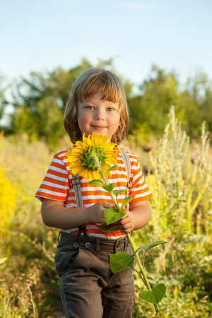 Happy boy with sunflower outdoorsの写真素材