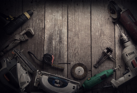 Electric hand tools (screwdriver Drill Saw jigsaw jointer) top view