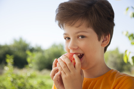 Happy boy biting the apple, A child with a fruit. Kid eating fresh pearの写真素材