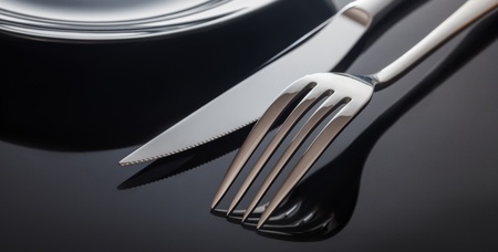 Empty plate with knife and fork on a black background.の写真素材