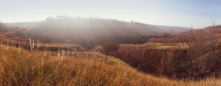 Panoramic view of autumn meadow at sunset.の写真素材
