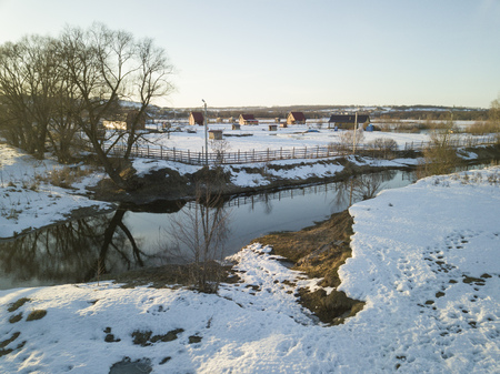 Aerial view on river landscape in spring season.の写真素材
