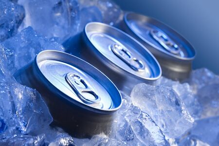 3 top of drink tin can iced submerged in frost ice, metal aluminum beverage.