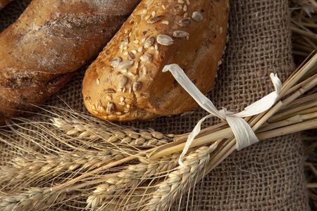 ears of wheat and bread lay on sackcloth in the haystack