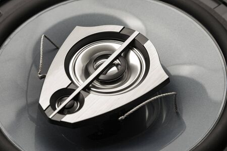 three-way speaker system, coaxial speaker, car audio music, subwoofer. Top viewの写真素材