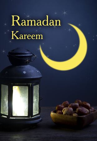 Ramadan Kareem celebration with lanterns and Dried date palm fruits ramazan foodの写真素材