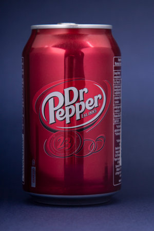 Belgorod , Russia - MAY, 17, 2020: Can of Dr Pepper soft drink isolated On blueのeditorial素材