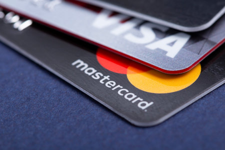 Mastercard and Visa plastic electronic card macro close up view. Belgorod , Russia - JUN, 08, 2020:のeditorial素材