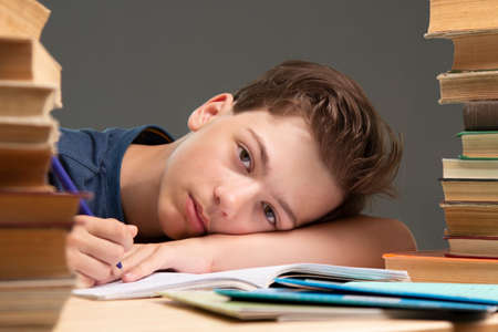 Portrait of upset schoolboy looking at textbook with homeworkの写真素材