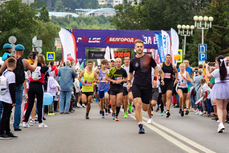Many people running in City Marathon. Belgorod , Russia - AUG, 2, 2020:のeditorial素材