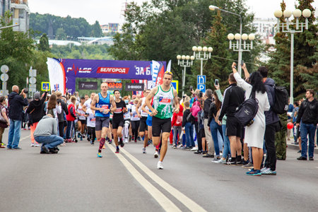 Many people running in City Marathon. Belgorod , Russia - AUG, 2, 2020:のeditorial素材