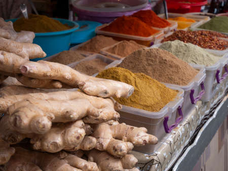 Spice market. Colorful Spices for sale at the farmer's market shops.