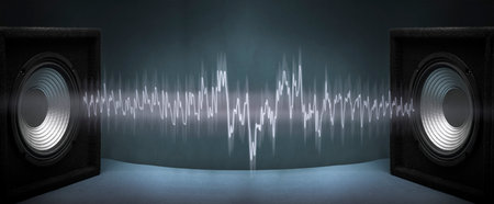 Black subwoofer speaker car audio music system on orange backgroundの写真素材