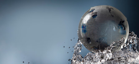glass globe planet in drop water splash on blue backgroundの写真素材