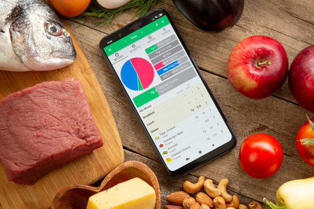 Carb Manager app for keto diet calorie counter on smartphone. Diet Plan On Tablet Pc And Vegetables. Belgorod , Russia - AUG, 18, 2020:のeditorial素材