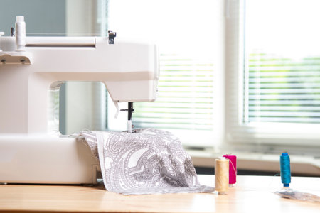 Close-Up Of Sewing Machine at home interiorの写真素材