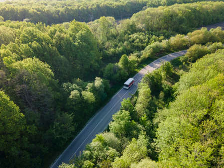white bus on Road in beautiful summer forest aerial.