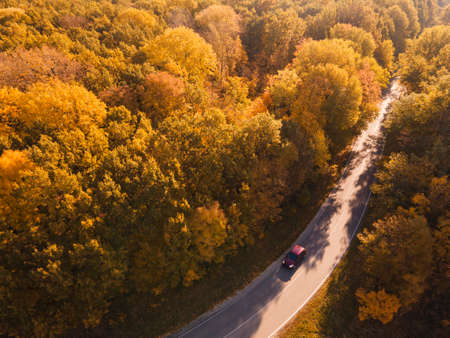 Aerial view of rural road with black car in yellow and orange autumn forestの写真素材